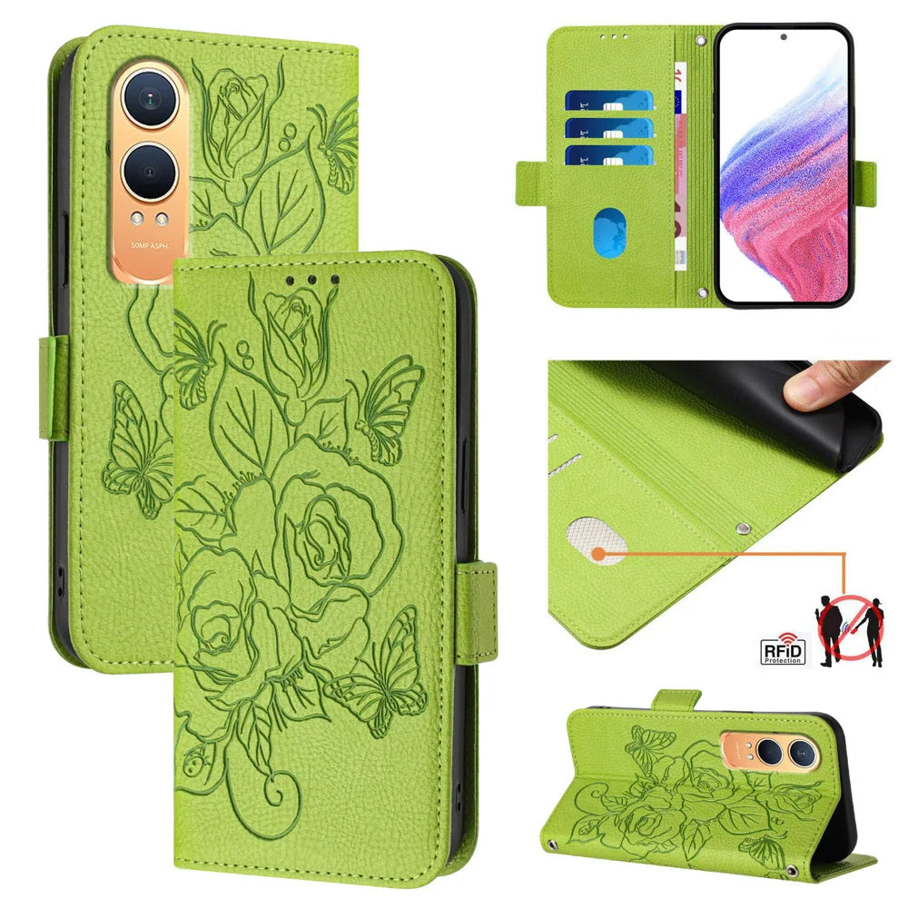 For OnePlus Nord CE4 Lite 5G Case Rose Imprinted RFID Blocking Leather Phone Cover with Strap