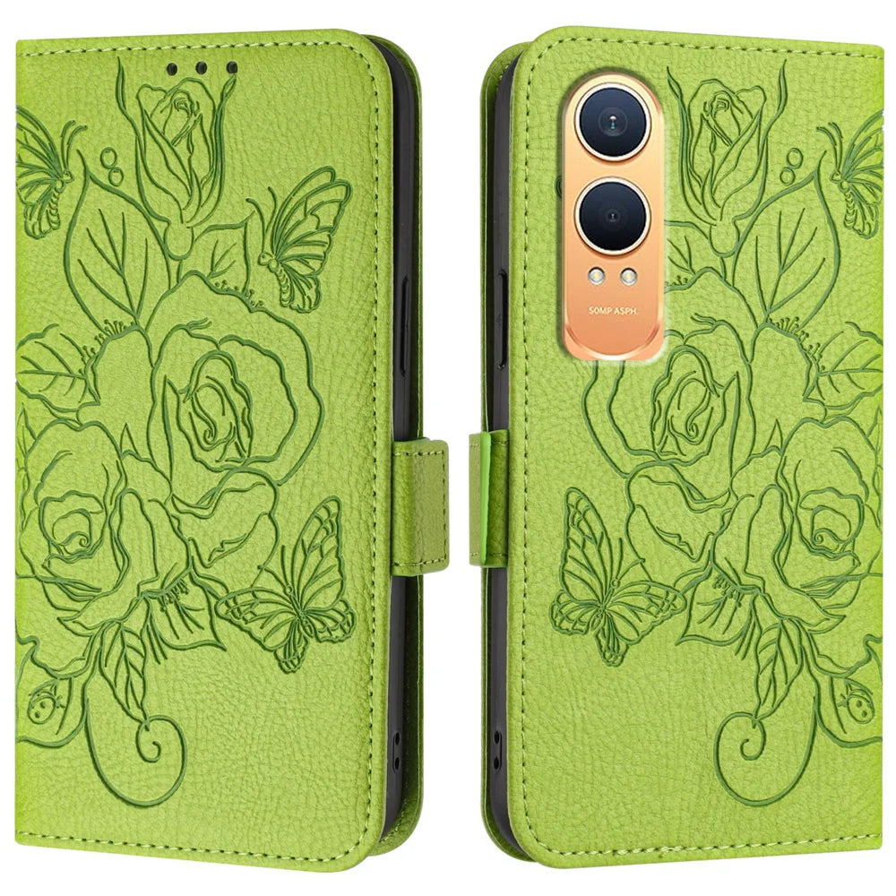 For OnePlus Nord CE4 Lite 5G Case Rose Imprinted RFID Blocking Leather Phone Cover with Strap