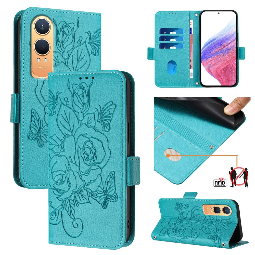 For OnePlus Nord CE4 Lite 5G Case Rose Imprinted RFID Blocking Leather Phone Cover with Strap