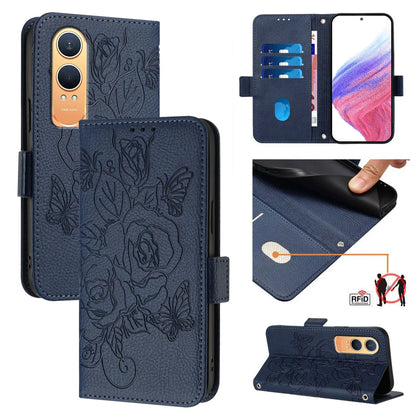 For OnePlus Nord CE4 Lite 5G Case Rose Imprinted RFID Blocking Leather Phone Cover with Strap