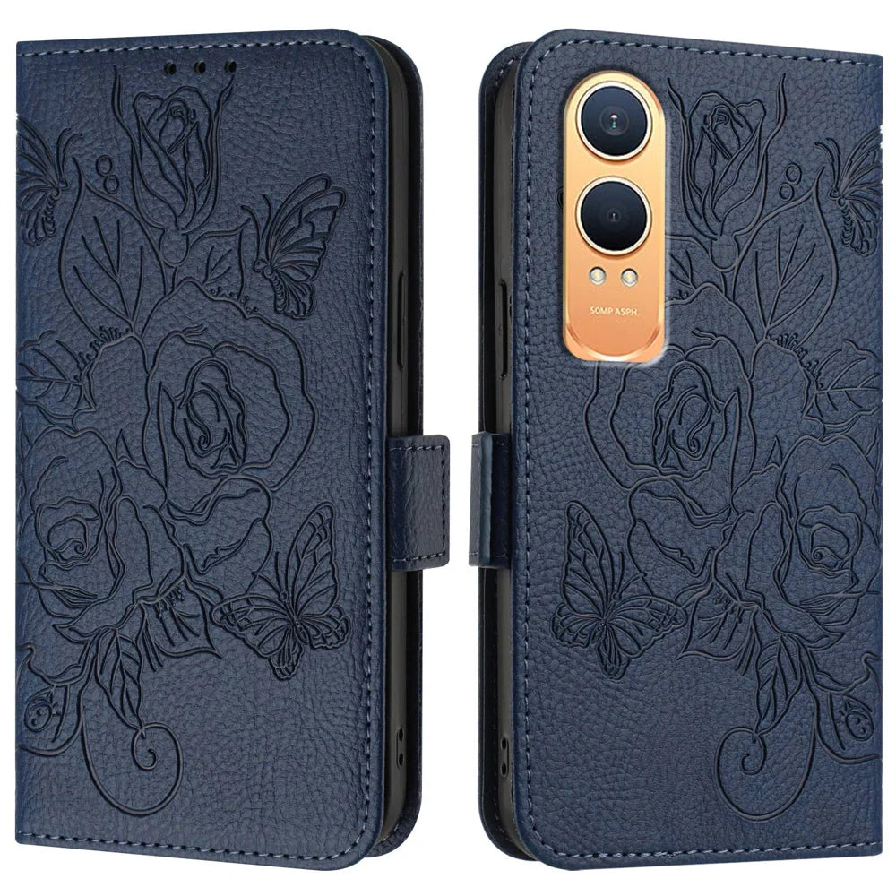 For OnePlus Nord CE4 Lite 5G Case Rose Imprinted RFID Blocking Leather Phone Cover with Strap