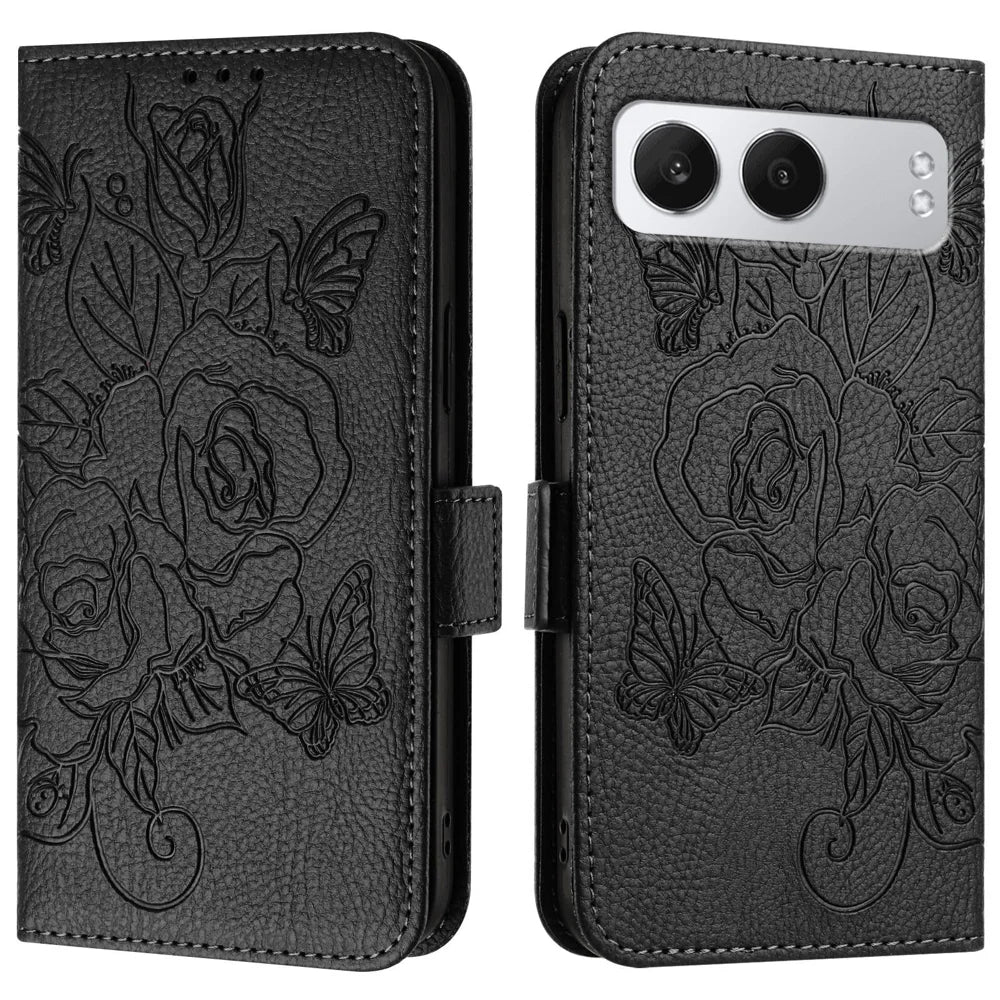 For OnePlus Nord 4 Case Rose Imprinted RFID Blocking Leather Phone Cover with Strap