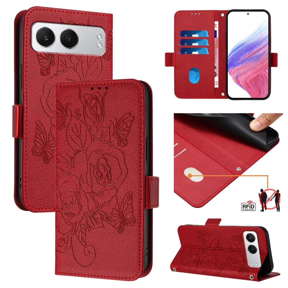 For OnePlus Nord 4 Case Rose Imprinted RFID Blocking Leather Phone Cover with Strap