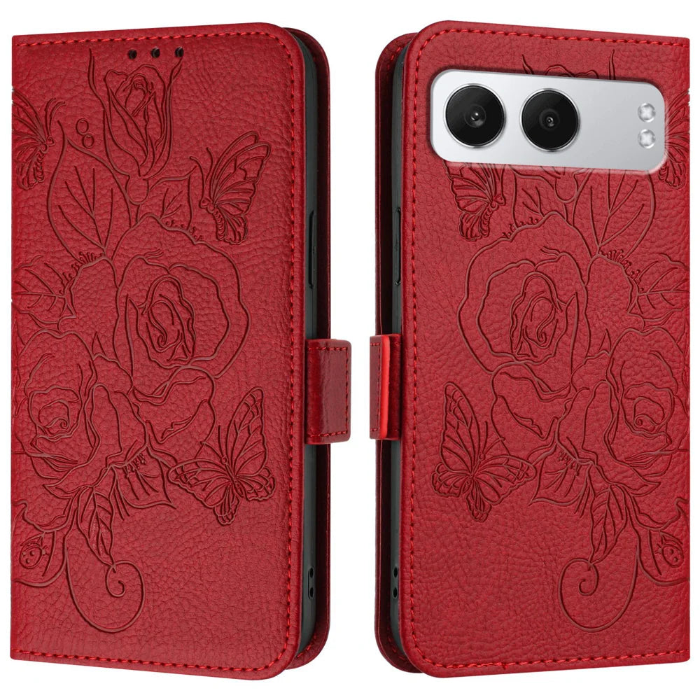 For OnePlus Nord 4 Case Rose Imprinted RFID Blocking Leather Phone Cover with Strap
