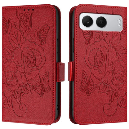 For OnePlus Nord 4 Case Rose Imprinted RFID Blocking Leather Phone Cover with Strap