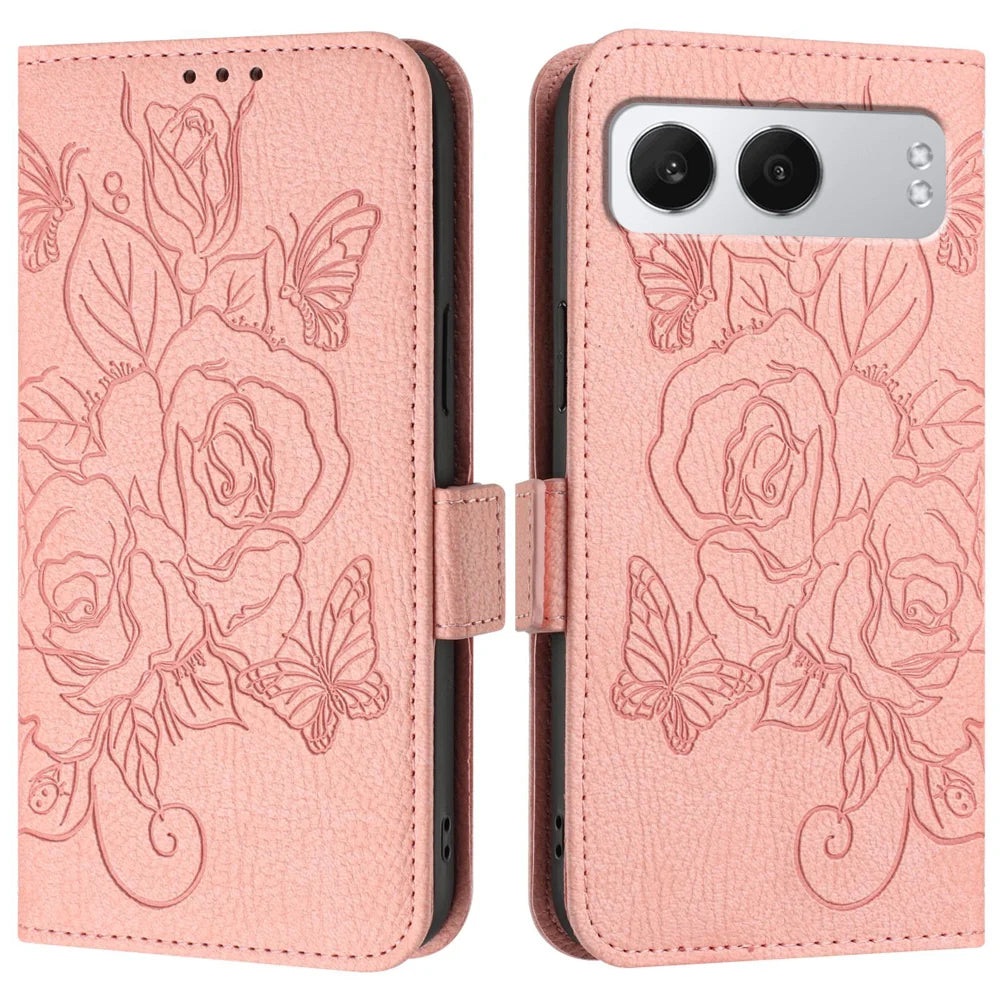 For OnePlus Nord 4 Case Rose Imprinted RFID Blocking Leather Phone Cover with Strap