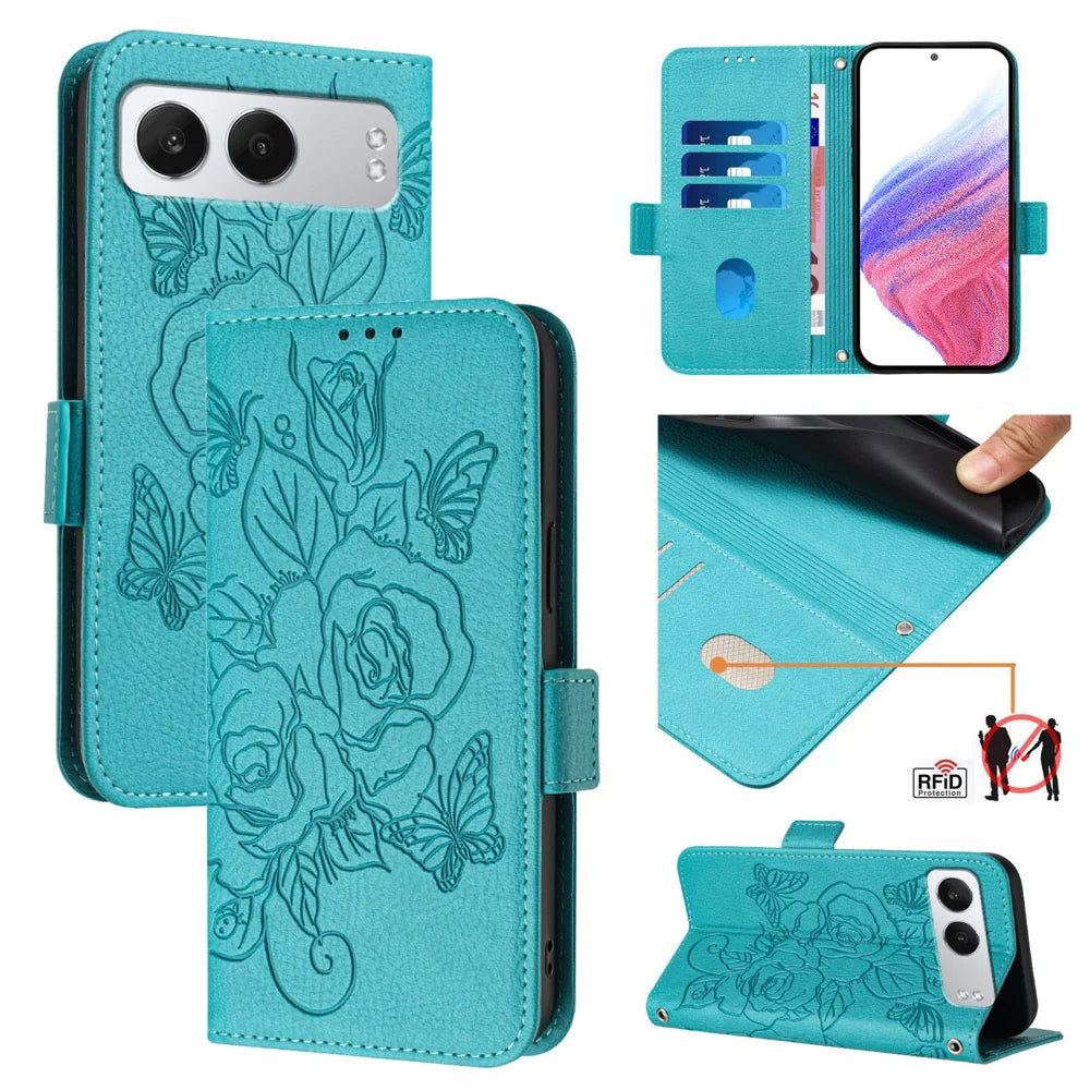 For OnePlus Nord 4 Case Rose Imprinted RFID Blocking Leather Phone Cover with Strap