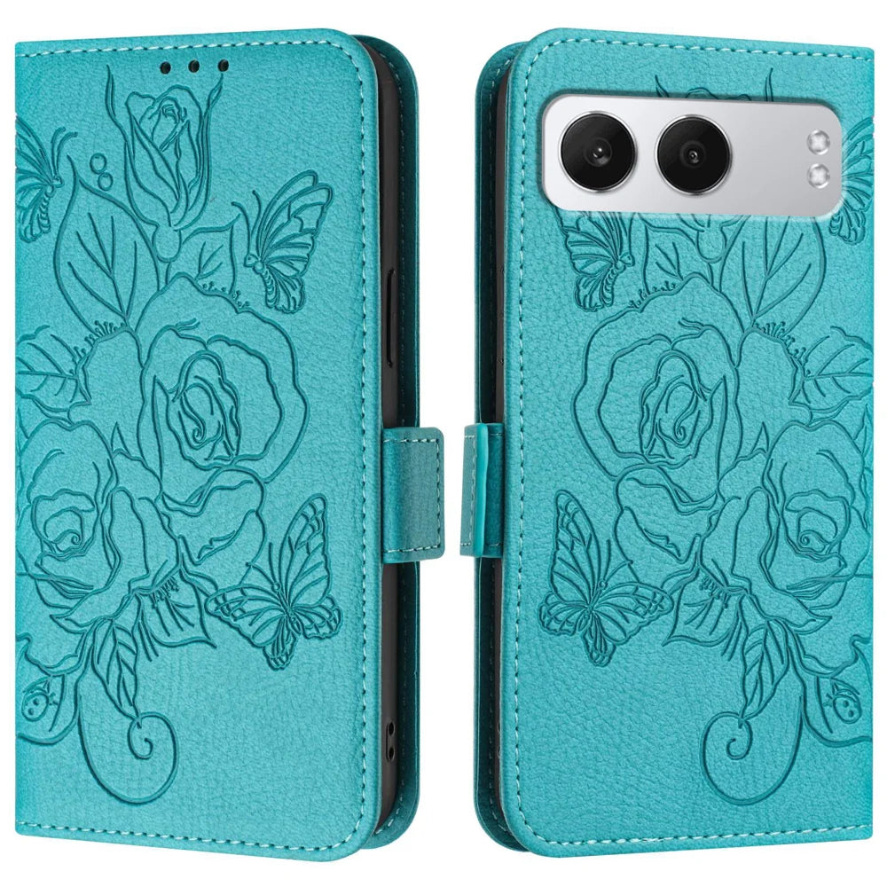 For OnePlus Nord 4 Case Rose Imprinted RFID Blocking Leather Phone Cover with Strap