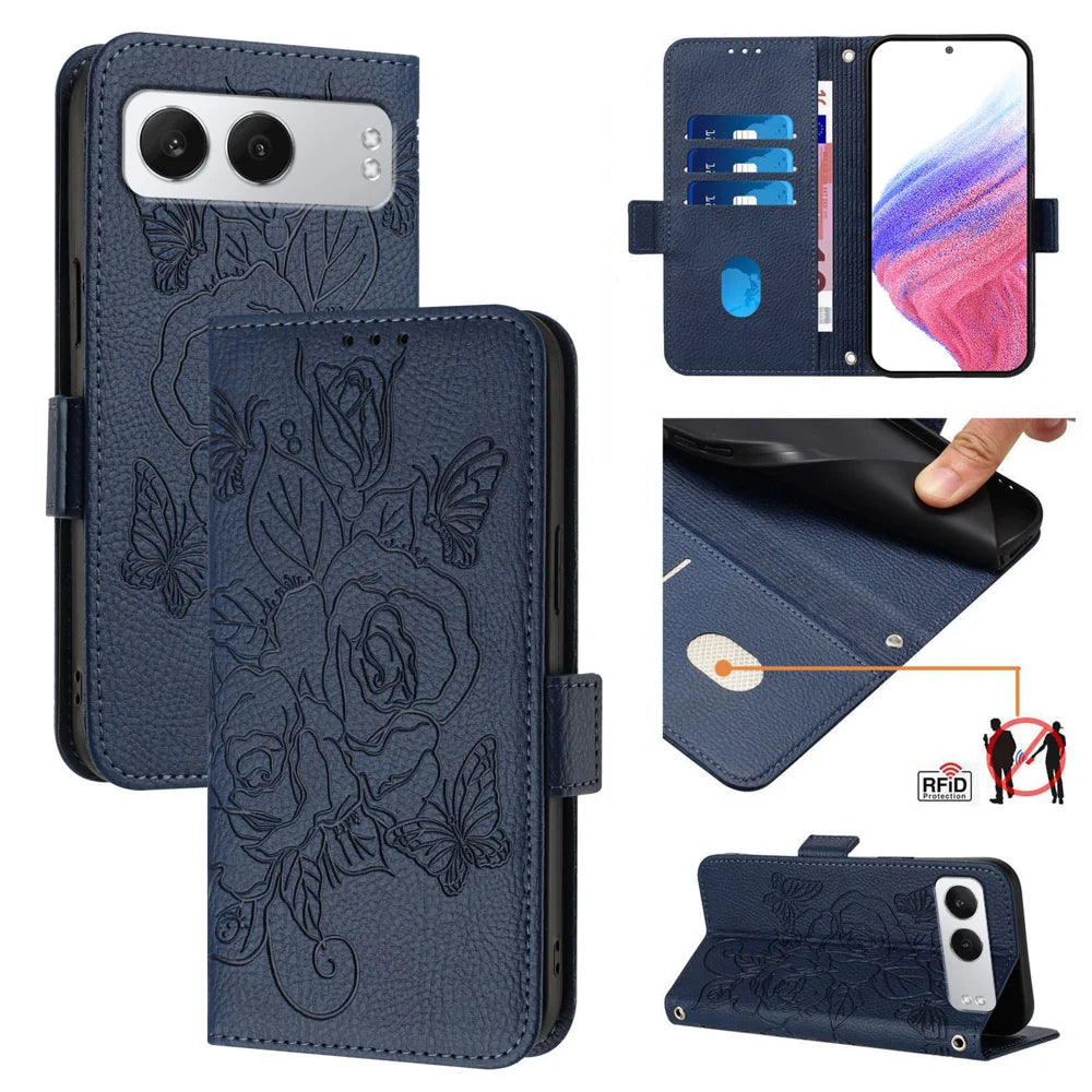 For OnePlus Nord 4 Case Rose Imprinted RFID Blocking Leather Phone Cover with Strap