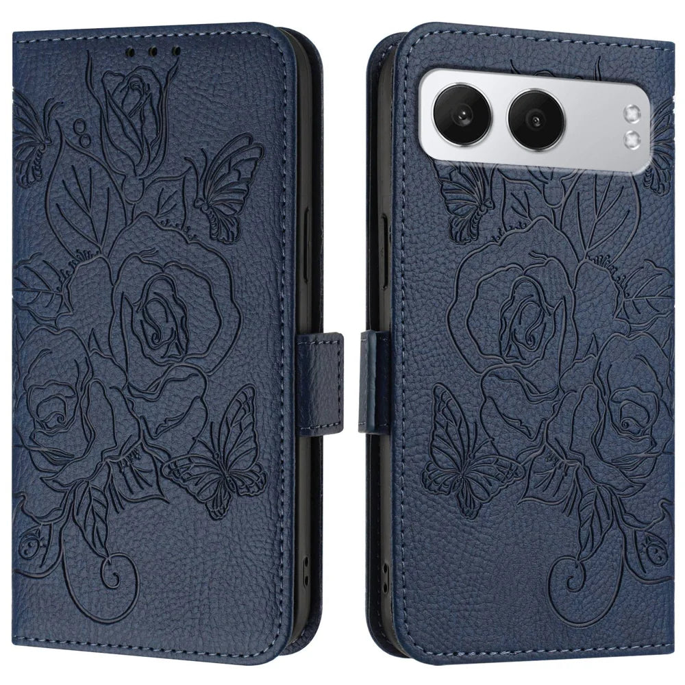 For OnePlus Nord 4 Case Rose Imprinted RFID Blocking Leather Phone Cover with Strap