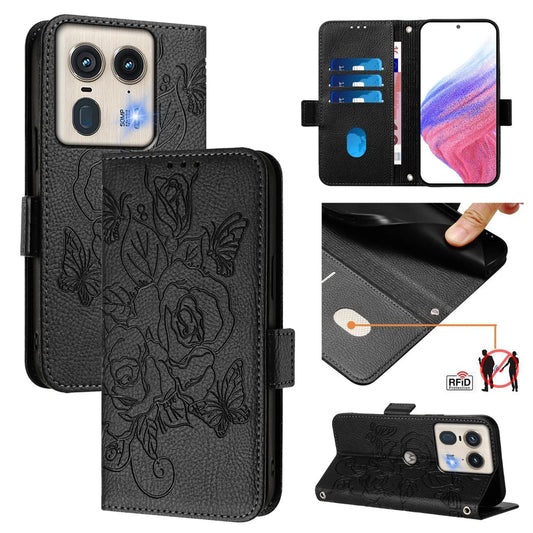For Motorola Edge 50 5G Case Rose Imprinted RFID Blocking Leather Phone Cover with Strap