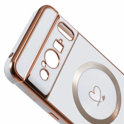 For Google Pixel 8 Pro Case Compatible with MagSafe Electroplated TPU Phone Cover Hollow Love Hearts
