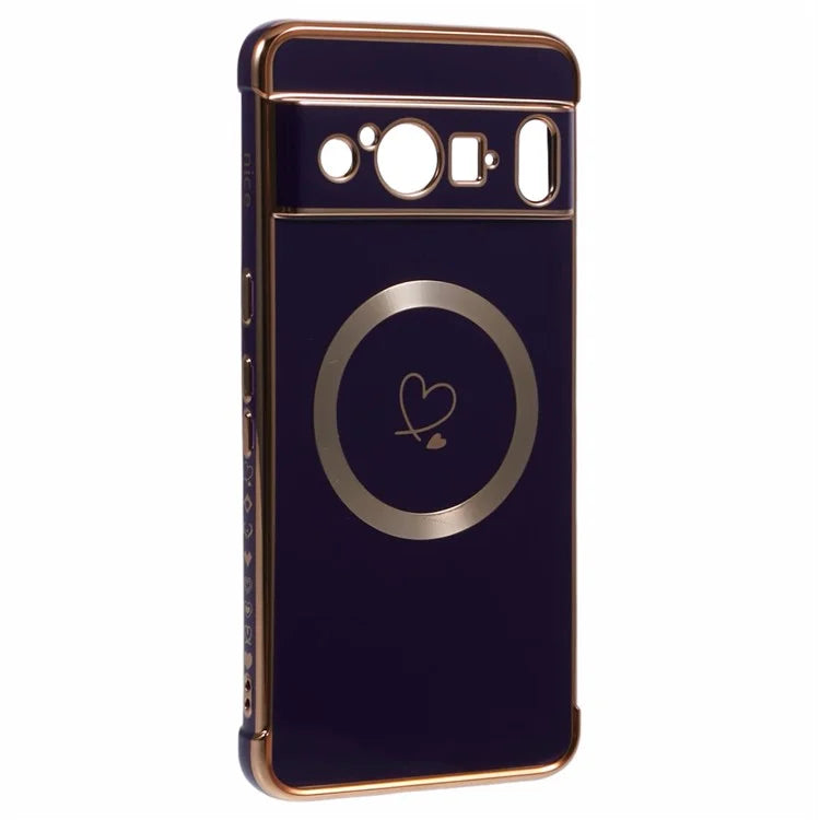 For Google Pixel 8 Pro Case Compatible with MagSafe Electroplated TPU Phone Cover Hollow Love Hearts