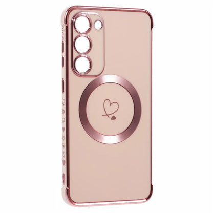 For Samsung Galaxy S23+ Case Compatible with MagSafe Electroplated TPU Phone Cover Hollow Love Hearts