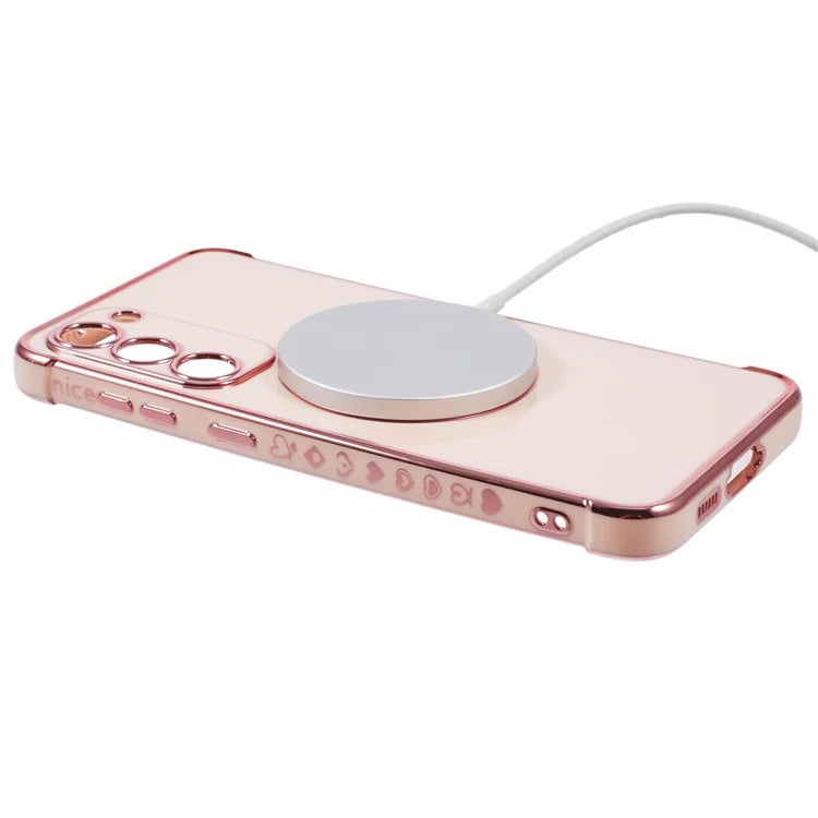 For Samsung Galaxy S23+ Case Compatible with MagSafe Electroplated TPU Phone Cover Hollow Love Hearts