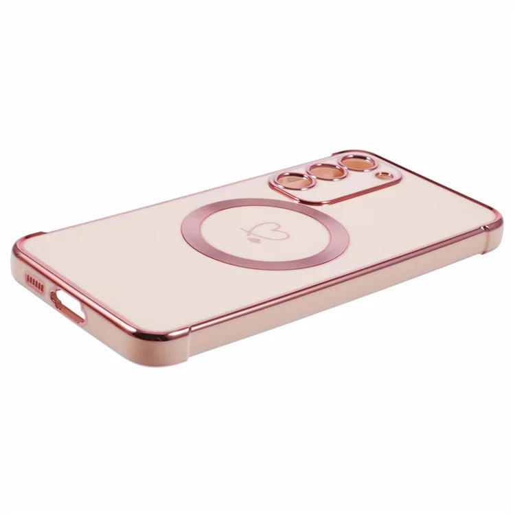 For Samsung Galaxy S23+ Case Compatible with MagSafe Electroplated TPU Phone Cover Hollow Love Hearts