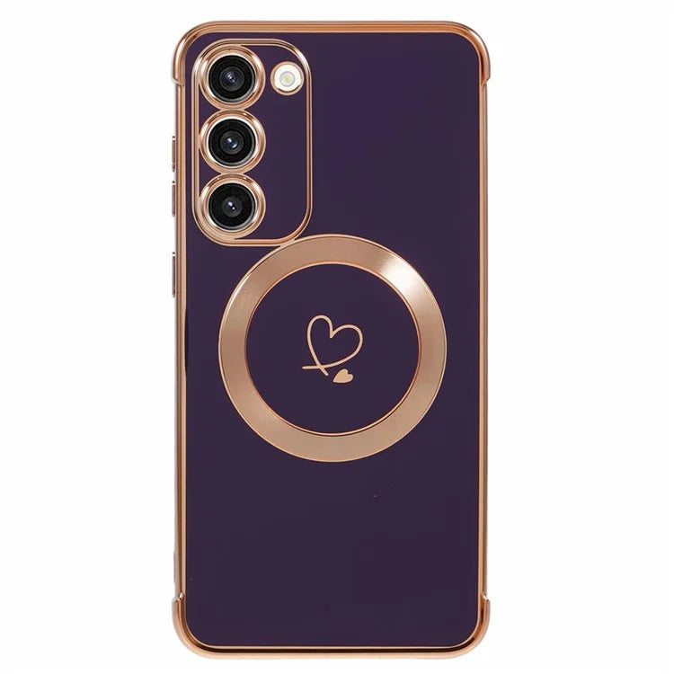 For Samsung Galaxy S23+ Case Compatible with MagSafe Electroplated TPU Phone Cover Hollow Love Hearts