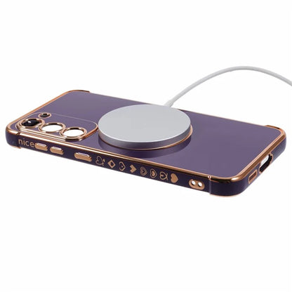 For Samsung Galaxy S23+ Case Compatible with MagSafe Electroplated TPU Phone Cover Hollow Love Hearts