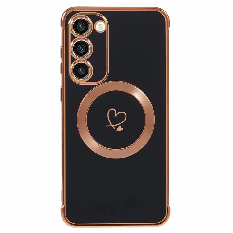 For Samsung Galaxy S23+ Case Compatible with MagSafe Electroplated TPU Phone Cover Hollow Love Hearts