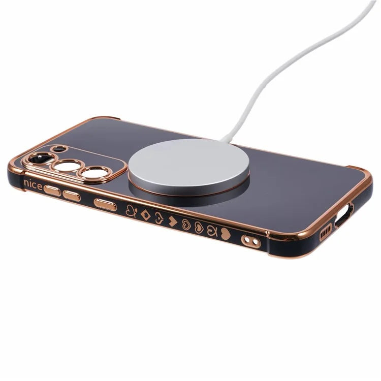 For Samsung Galaxy S23+ Case Compatible with MagSafe Electroplated TPU Phone Cover Hollow Love Hearts
