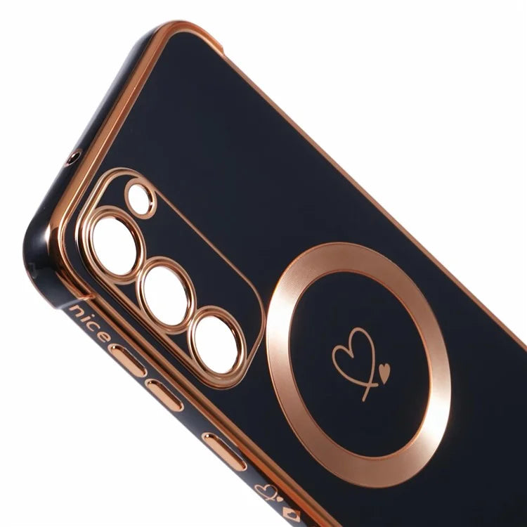 For Samsung Galaxy S23+ Case Compatible with MagSafe Electroplated TPU Phone Cover Hollow Love Hearts