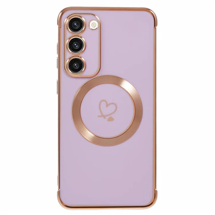 For Samsung Galaxy S23+ Case Compatible with MagSafe Electroplated TPU Phone Cover Hollow Love Hearts