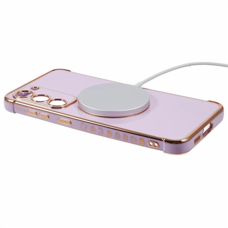 For Samsung Galaxy S23+ Case Compatible with MagSafe Electroplated TPU Phone Cover Hollow Love Hearts