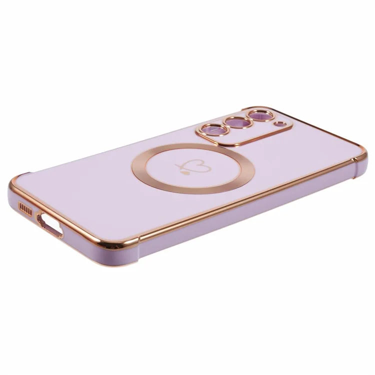 For Samsung Galaxy S23+ Case Compatible with MagSafe Electroplated TPU Phone Cover Hollow Love Hearts