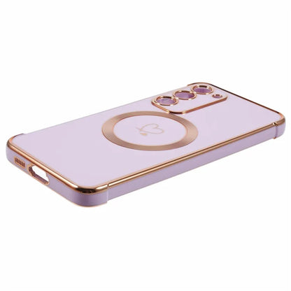 For Samsung Galaxy S23+ Case Compatible with MagSafe Electroplated TPU Phone Cover Hollow Love Hearts