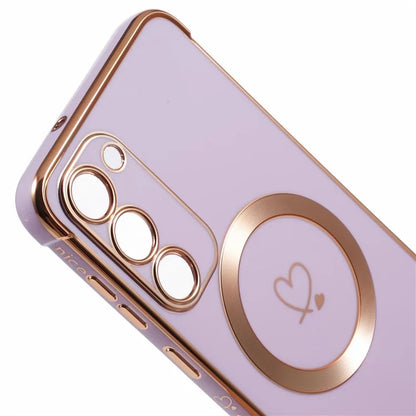 For Samsung Galaxy S23+ Case Compatible with MagSafe Electroplated TPU Phone Cover Hollow Love Hearts