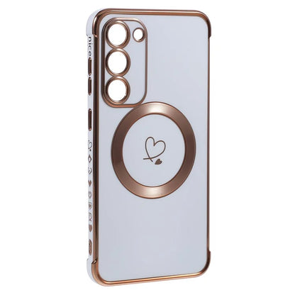For Samsung Galaxy S23+ Case Compatible with MagSafe Electroplated TPU Phone Cover Hollow Love Hearts
