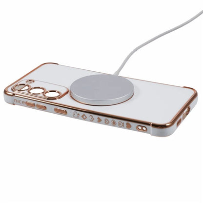 For Samsung Galaxy S23+ Case Compatible with MagSafe Electroplated TPU Phone Cover Hollow Love Hearts