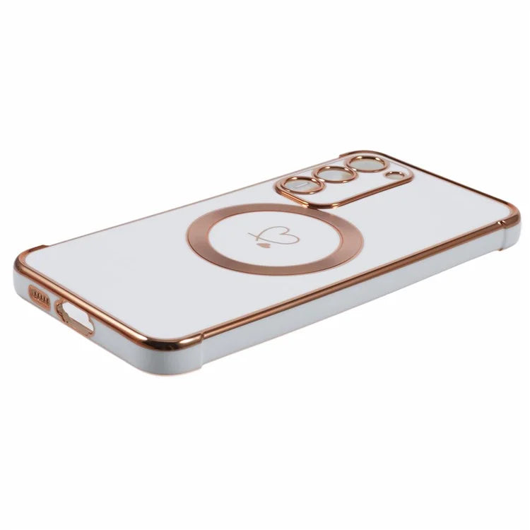 For Samsung Galaxy S23+ Case Compatible with MagSafe Electroplated TPU Phone Cover Hollow Love Hearts