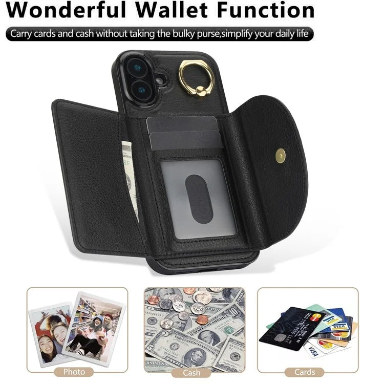 For iPhone 16 Plus Case RFID Blocking Wallet Kickstand Leather + TPU Phone Cover