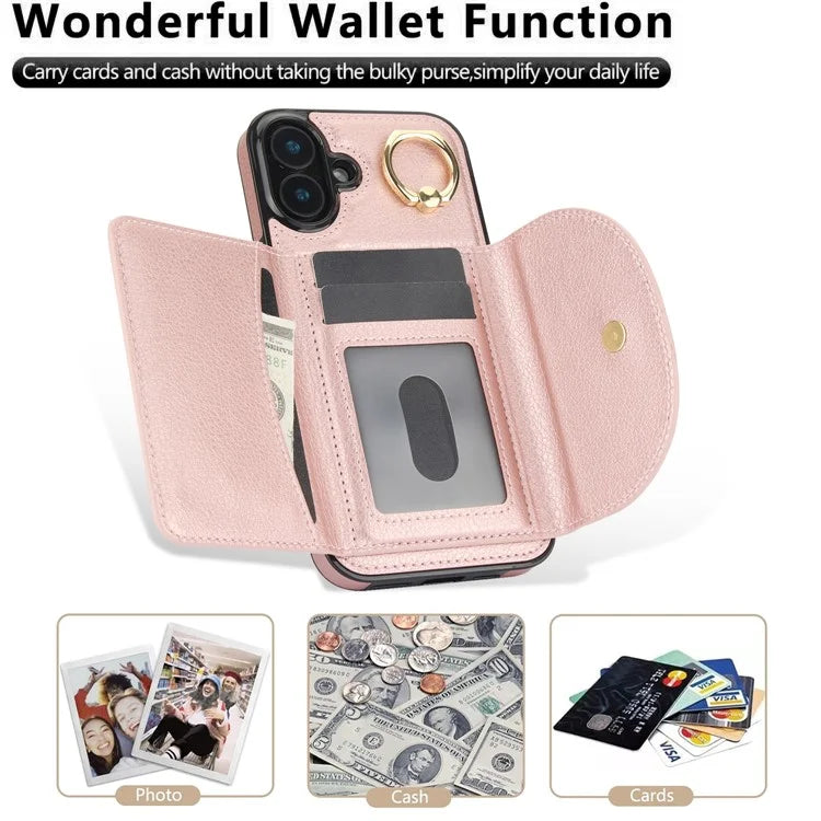 For iPhone 16 Plus Case RFID Blocking Wallet Kickstand Leather + TPU Phone Cover