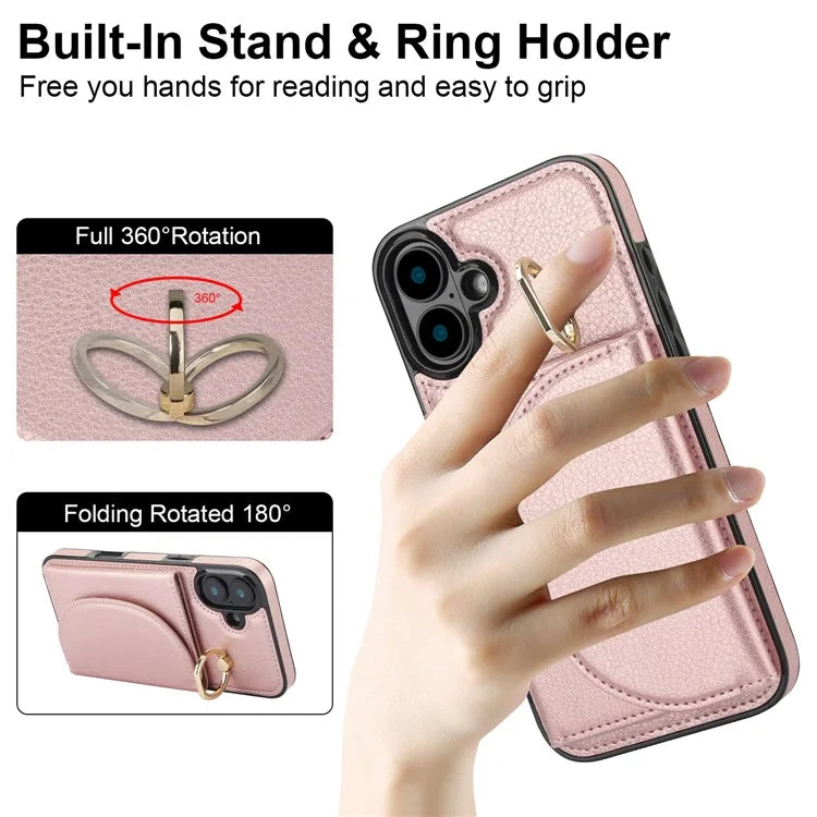 For iPhone 16 Plus Case RFID Blocking Wallet Kickstand Leather + TPU Phone Cover
