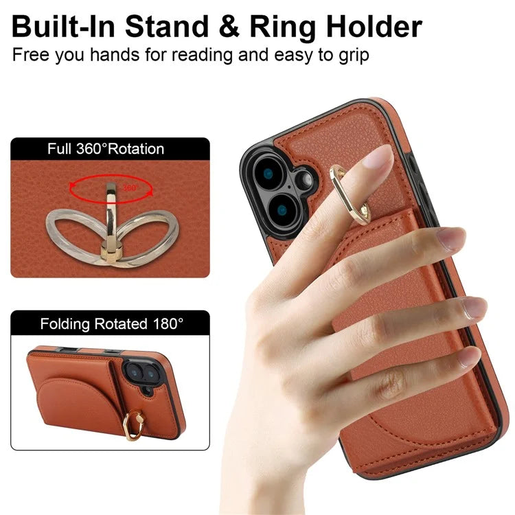 For iPhone 16 Plus Case RFID Blocking Wallet Kickstand Leather + TPU Phone Cover