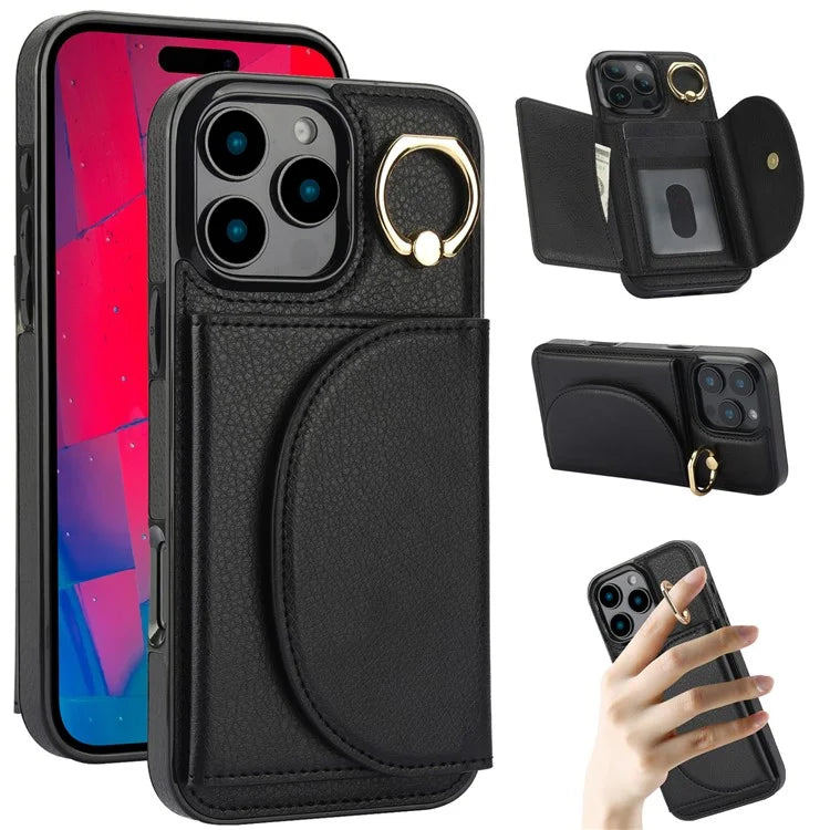 For iPhone 16 Pro Case RFID Blocking Wallet Kickstand Leather + TPU Phone Cover