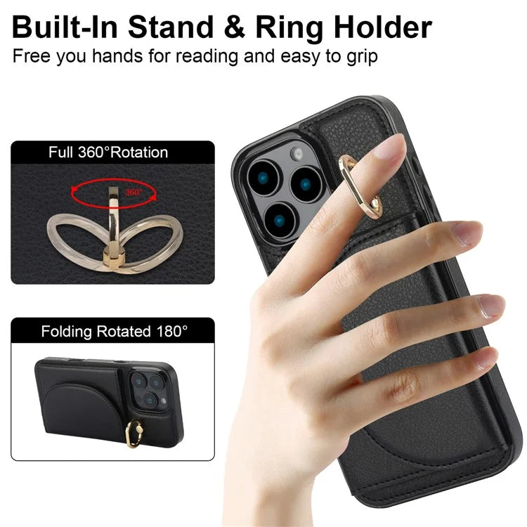 For iPhone 16 Pro Case RFID Blocking Wallet Kickstand Leather + TPU Phone Cover
