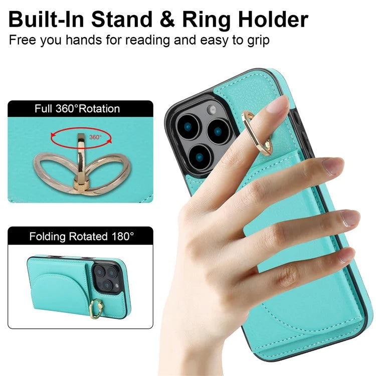For iPhone 16 Pro Case RFID Blocking Wallet Kickstand Leather + TPU Phone Cover
