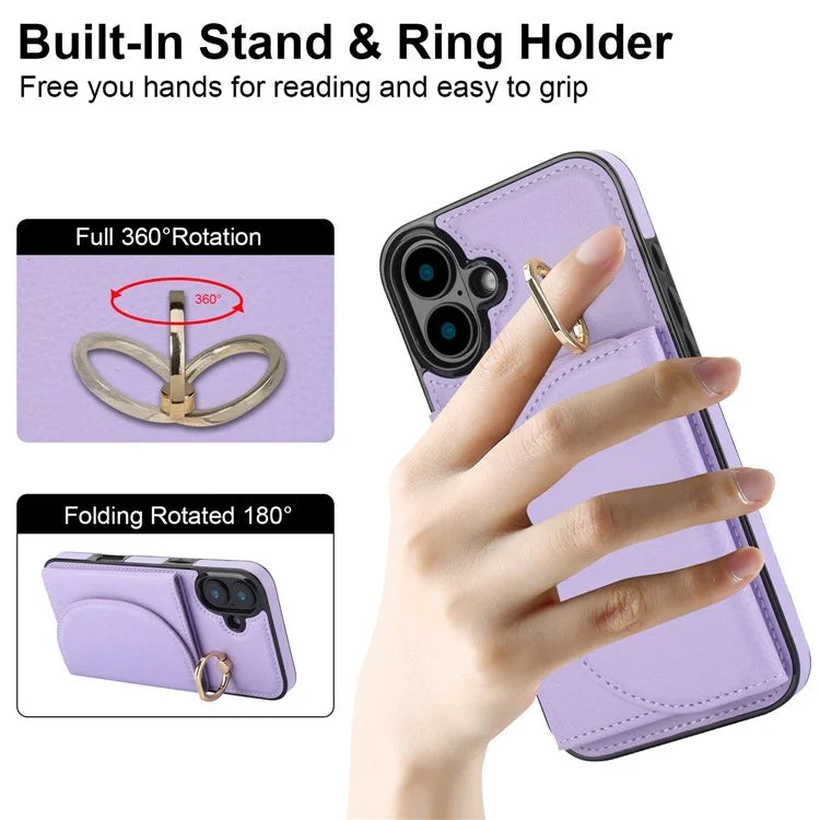 For iPhone 16 Case RFID Blocking Wallet Kickstand Leather + TPU Phone Cover