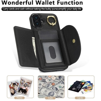For iPhone 16 Case RFID Blocking Wallet Kickstand Leather + TPU Phone Cover