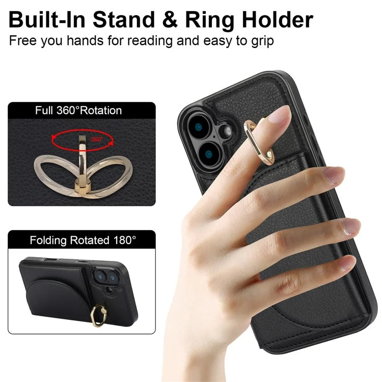 For iPhone 16 Case RFID Blocking Wallet Kickstand Leather + TPU Phone Cover