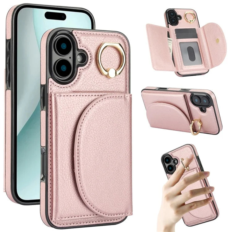 For iPhone 16 Case RFID Blocking Wallet Kickstand Leather + TPU Phone Cover