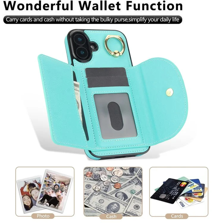 For iPhone 16 Case RFID Blocking Wallet Kickstand Leather + TPU Phone Cover