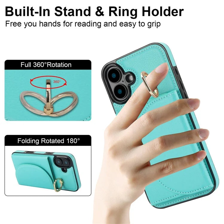 For iPhone 16 Case RFID Blocking Wallet Kickstand Leather + TPU Phone Cover