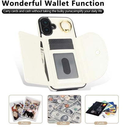 For iPhone 16 Case RFID Blocking Wallet Kickstand Leather + TPU Phone Cover
