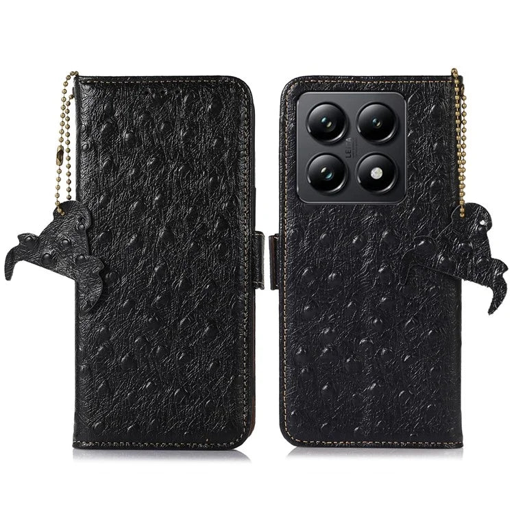 For Xiaomi 14T Pro Case RFID Blocking Genuine Cow Leather Phone Case Ostrich Texture