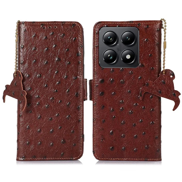 For Xiaomi 14T Pro Case RFID Blocking Genuine Cow Leather Phone Case Ostrich Texture