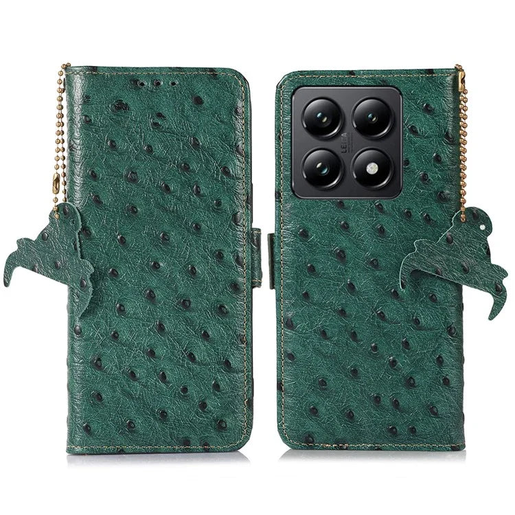 For Xiaomi 14T Case RFID Blocking Genuine Cow Leather Phone Case Ostrich Texture